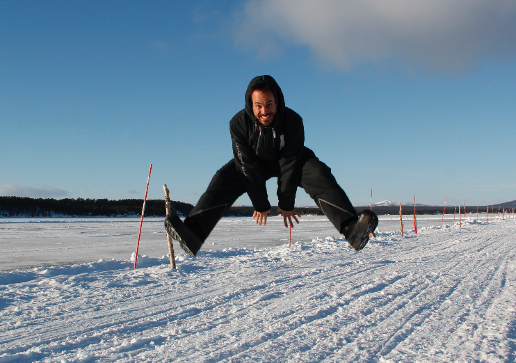 An overweight jump on top of a frozen lake in Kiruna, Sweden